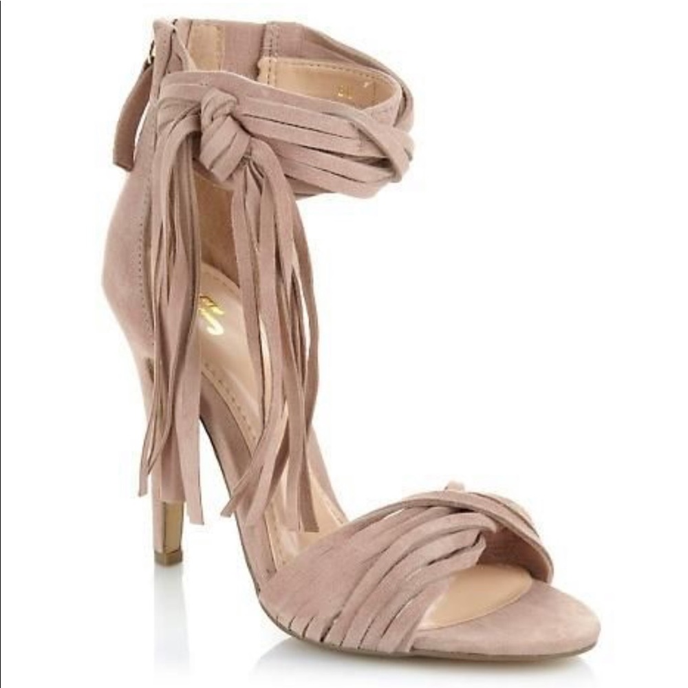 June Ambrose “Turner” Suede Sandals in Beige